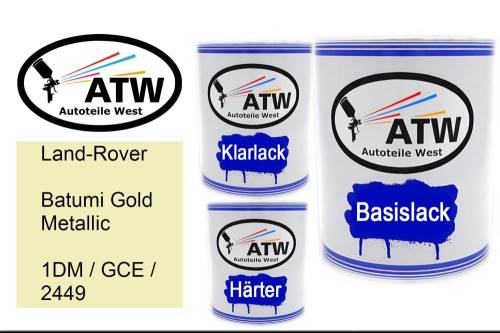 Land-Rover, Batumi Gold Metallic, 1DM / GCE / 2449: 1L Lackdose + 1L Klarlack + 500ml Härter - Set, von ATW Autoteile West.